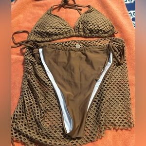 Brown Crochet Triangle Bikini Set with Side-Tie Bottoms